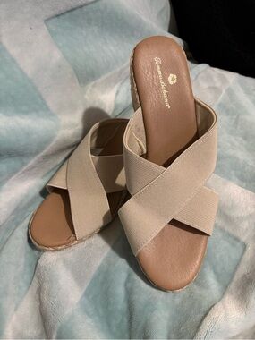 Tommy Bahama Beige Crisscross Espadrille Wedge Slides